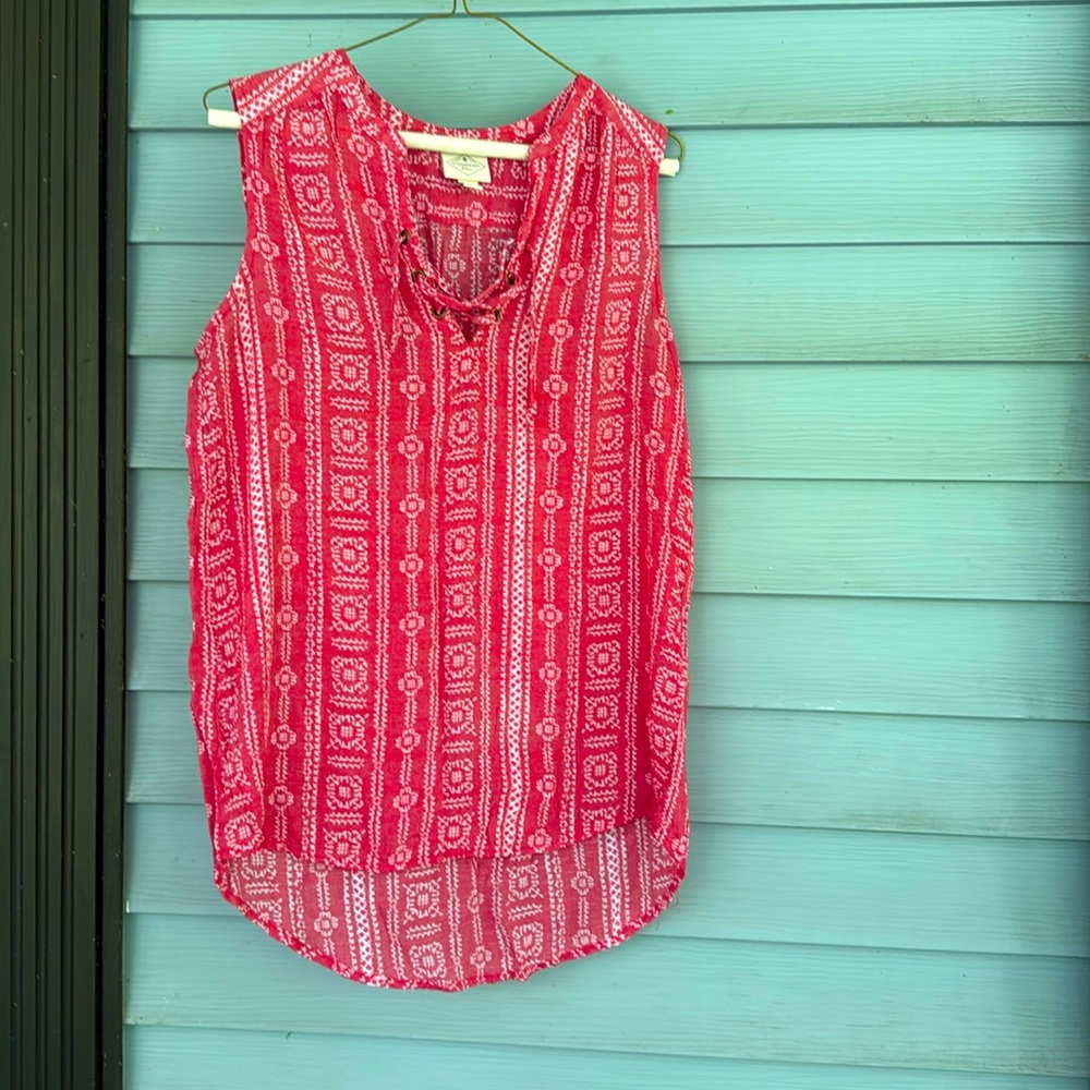 St. John's Bay Red and White  Western Pattern 1/4” Front Lace-Up Blouse